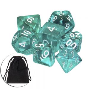 7Pcs Polyhedral Set Cloud Drop Translucent Teal RPG DnD With Dice Bag Party Game